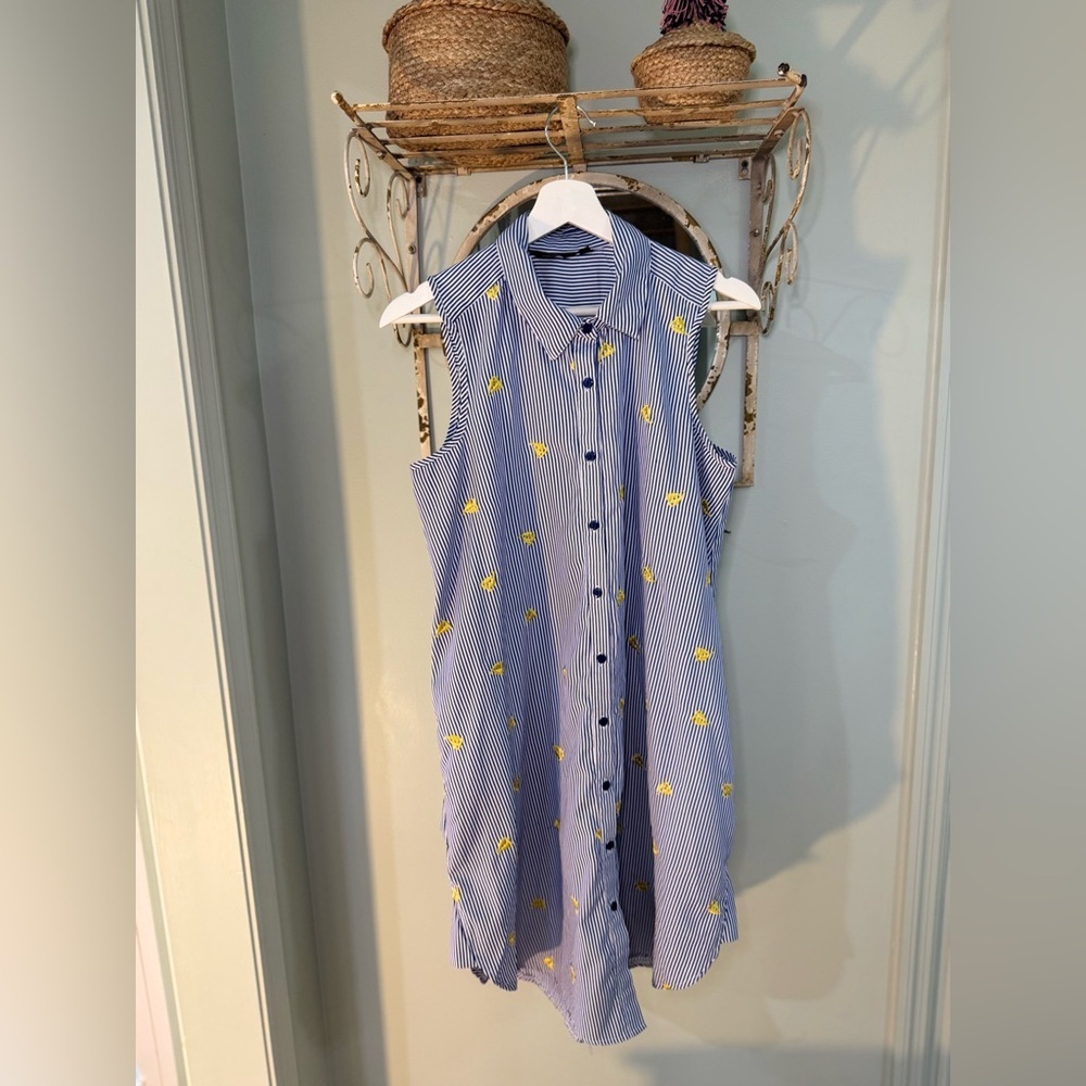 Mlle Gabrielle Nautical Striped Shirt Dress w Embroidered Yellow Sail Boats, Med